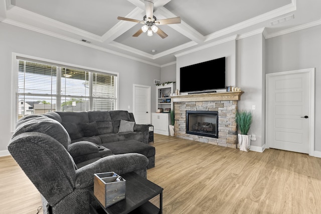 176 Cross Park Dr, Georgetown, KY 40324 - living area featuring a ceiling fan, coffered ceiling, wood finished floors, ornamental molding, and a fireplace