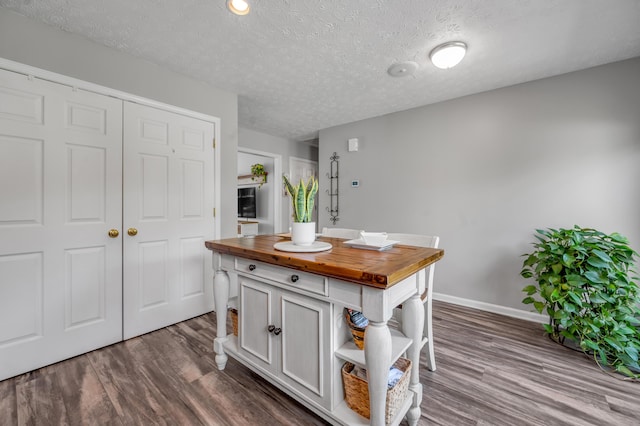 1701 Keating Dr, Louisville, KY 40245 - kitchen with wood counters, dark wood-type flooring, open shelves, a textured ceiling, and white cabinetry