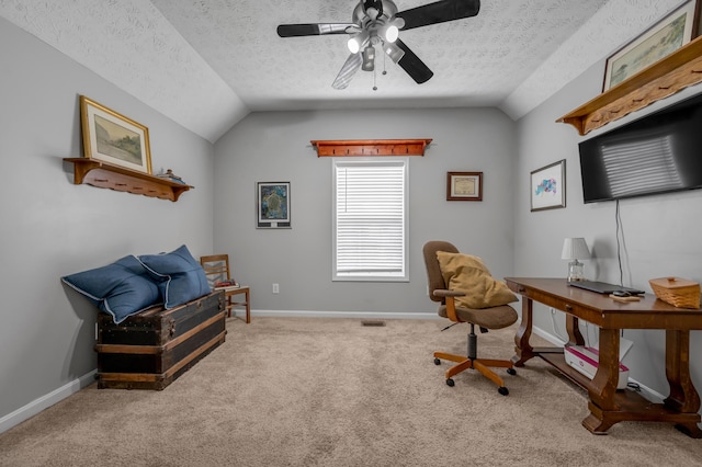 1701 Keating Dr, Louisville, KY 40245 - carpeted office space featuring vaulted ceiling, ceiling fan, and a textured ceiling