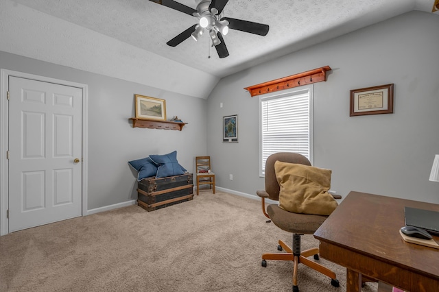 1701 Keating Dr, Louisville, KY 40245 - home office with lofted ceiling, ceiling fan, carpet flooring, and a textured ceiling