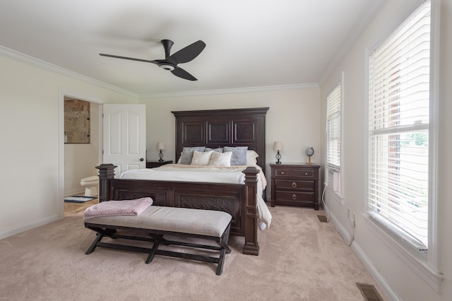 5045 Mccowans Ferry Rd, Versailles, KY 40383 - bedroom featuring light carpet, ornamental molding, ensuite bath, and ceiling fan