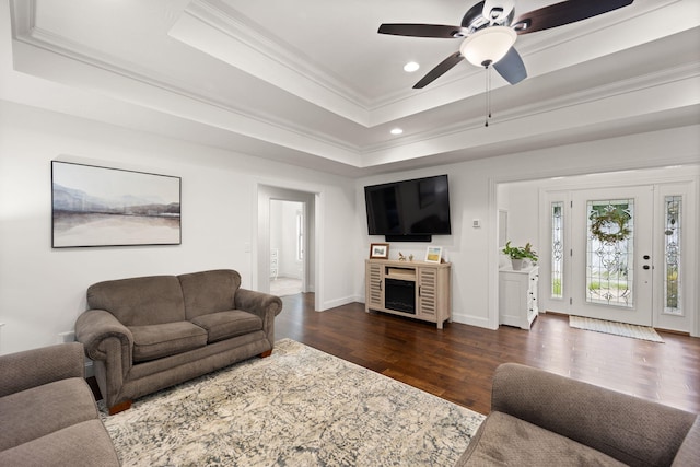 477 Barrington Dr, Somerset, KY 42503 - living room with a raised ceiling, dark wood-style floors, ceiling fan, ornamental molding, and recessed lighting