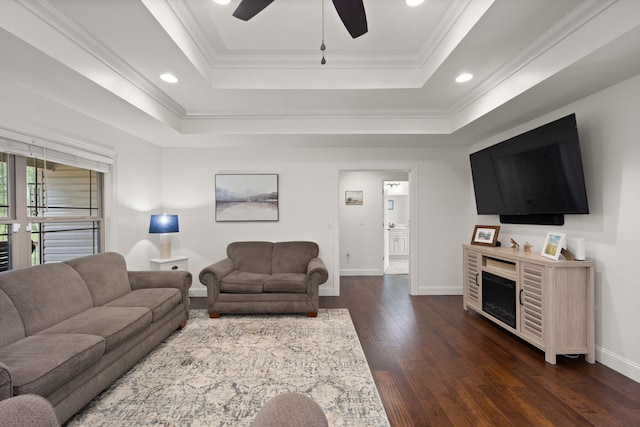 477 Barrington Dr, Somerset, KY 42503 - living area with a raised ceiling, ceiling fan, dark wood-style flooring, ornamental molding, and a fireplace
