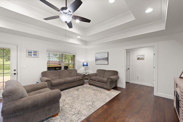 477 Barrington Dr, Somerset, KY 42503 - living room with a tray ceiling, healthy amount of natural light, a ceiling fan, dark wood-style floors, and recessed lighting