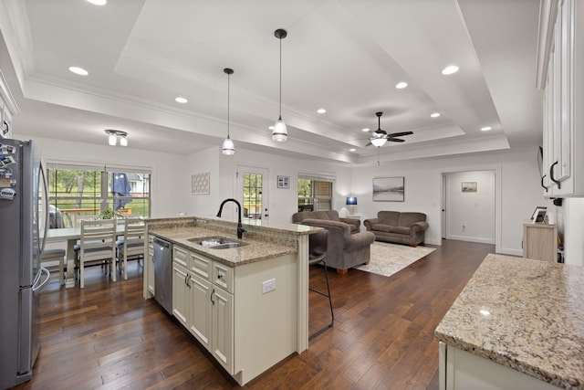 477 Barrington Dr, Somerset, KY 42503 - kitchen featuring a raised ceiling, appliances with stainless steel finishes, ornamental molding, a ceiling fan, and white cabinets