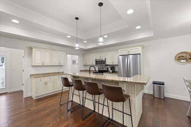 477 Barrington Dr, Somerset, KY 42503 - kitchen featuring appliances with stainless steel finishes, a tray ceiling, cream cabinets, dark wood-style flooring, and a kitchen island with sink