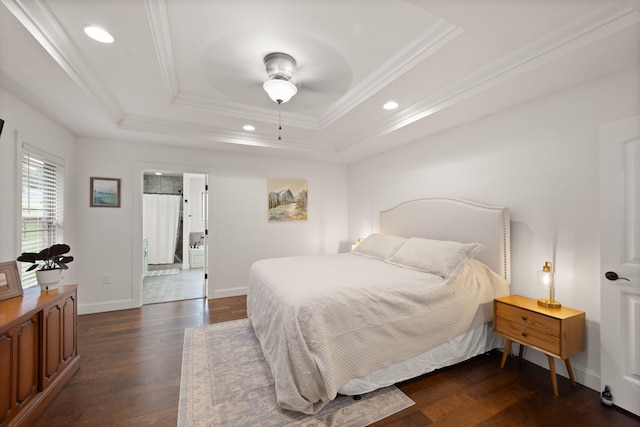 477 Barrington Dr, Somerset, KY 42503 - bedroom featuring a tray ceiling, recessed lighting, dark wood finished floors, ornamental molding, and ceiling fan