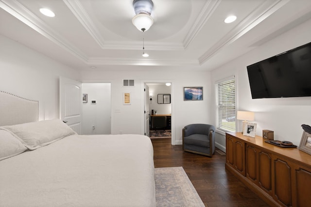 477 Barrington Dr, Somerset, KY 42503 - bedroom with a raised ceiling, dark wood-style flooring, ornamental molding, recessed lighting, and a desk