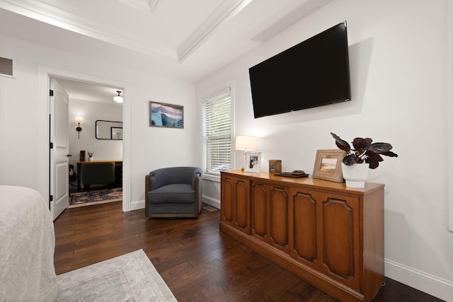 477 Barrington Dr, Somerset, KY 42503 - living area featuring dark wood finished floors, a desk, crown molding, and a raised ceiling
