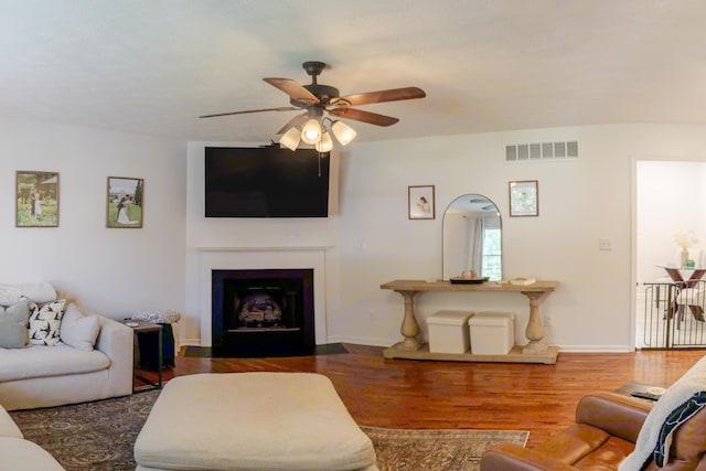 261 Applegrove Dr, Nicholasville, KY 40356 - living area with ceiling fan, wood finished floors, and a fireplace with flush hearth
