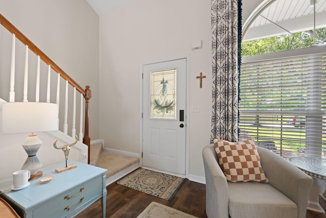 2193 Birkdale Dr, Lexington, KY 40509 - entrance foyer featuring stairs, dark wood-type flooring, and high vaulted ceiling