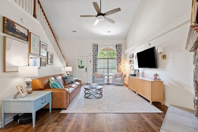 2193 Birkdale Dr, Lexington, KY 40509 - living area featuring high vaulted ceiling, ceiling fan, wood finished floors, and stairway