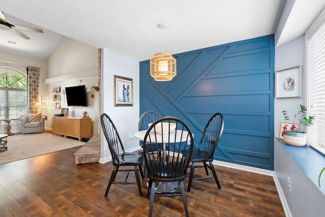 2193 Birkdale Dr, Lexington, KY 40509 - dining room featuring a decorative wall, dark wood finished floors, a ceiling fan, and high vaulted ceiling