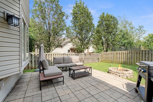 2193 Birkdale Dr, Lexington, KY 40509 - fenced backyard featuring an outdoor living space with a fire pit, a patio area, and grilling area