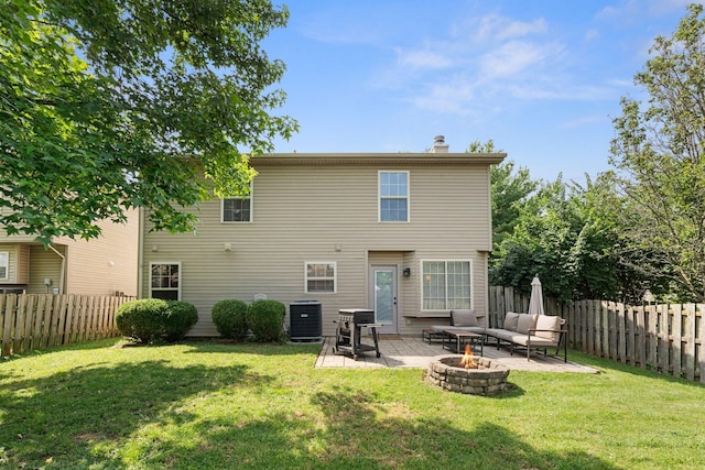 2193 Birkdale Dr, Lexington, KY 40509 - rear view of property with a chimney, a fenced backyard, a patio, and an outdoor living space with a fire pit