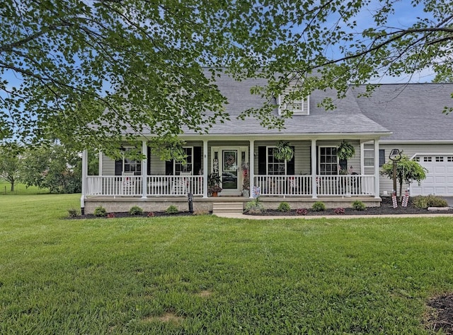 109 Edwards Ct, Lancaster, KY 40444 - view of front of property with covered porch, an attached garage, a front lawn, and a shingled roof