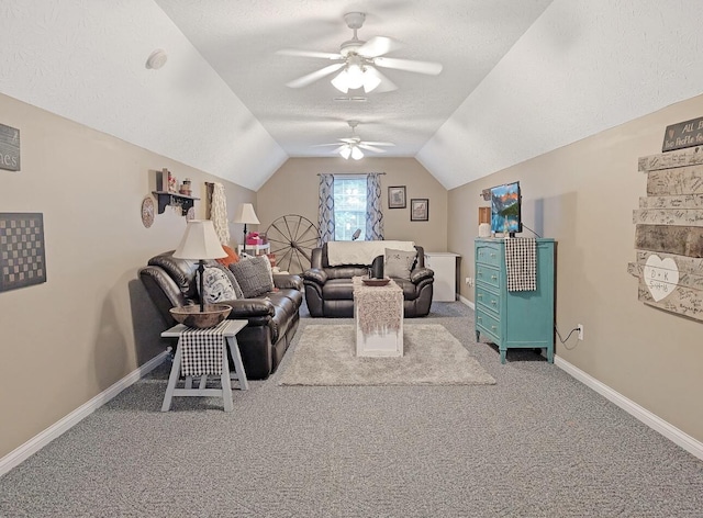 109 Edwards Ct, Lancaster, KY 40444 - carpeted living room with a ceiling fan, lofted ceiling, and a textured ceiling