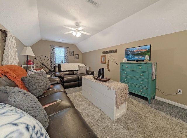 109 Edwards Ct, Lancaster, KY 40444 - living area with light carpet, lofted ceiling, a ceiling fan, and a textured ceiling