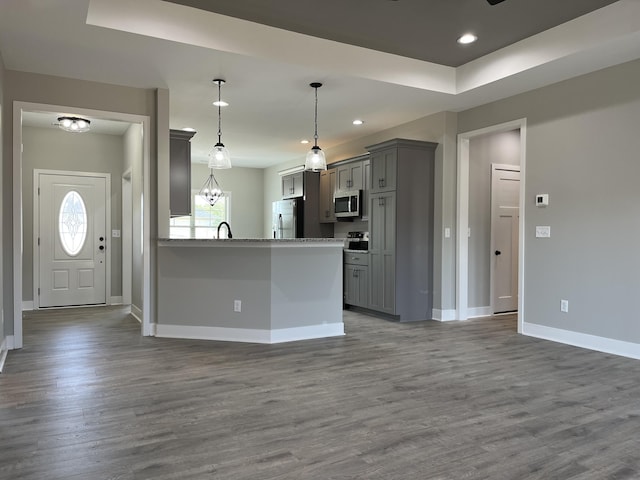 108 Aetna, Georgetown, KY 40324 - kitchen with stainless steel appliances, gray cabinets, wood finished floors, a peninsula, and recessed lighting