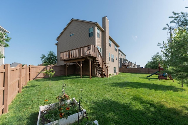 126 Mollie Way, Georgetown, KY 40324 - rear view of house featuring stairway, a fenced backyard, a wooden deck, and a chimney