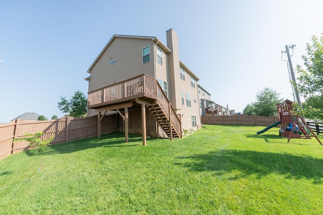 126 Mollie Way, Georgetown, KY 40324 - back of house featuring stairs, a fenced backyard, a playground, a chimney, and a wooden deck