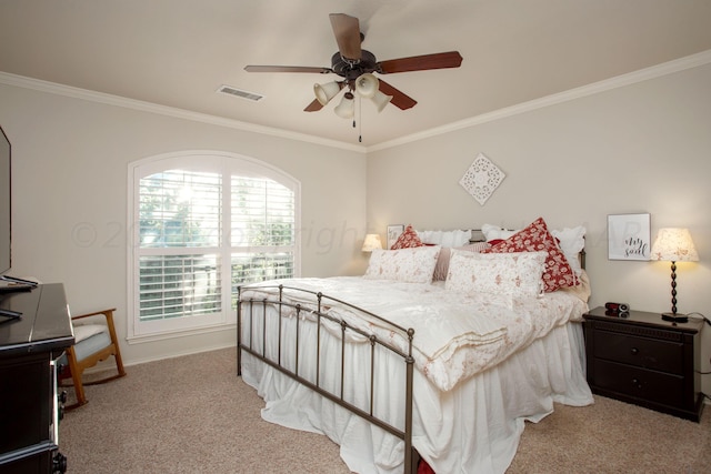 7705 New England Pkwy, Amarillo, TX 79119 - carpeted bedroom with ornamental molding, visible vents, ceiling fan, and baseboards