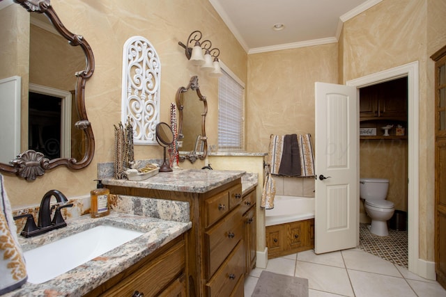 7705 New England Pkwy, Amarillo, TX 79119 - bathroom featuring vanity, a bath, tile patterned floors, toilet, and ornamental molding