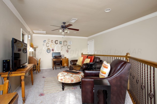 7705 New England Pkwy, Amarillo, TX 79119 - carpeted living room with ornamental molding, visible vents, and ceiling fan