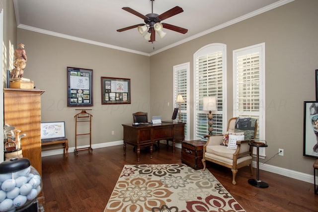 7705 New England Pkwy, Amarillo, TX 79119 - office space with baseboards, wood finished floors, a ceiling fan, and ornamental molding