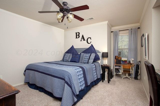 7705 New England Pkwy, Amarillo, TX 79119 - carpeted bedroom with crown molding, a ceiling fan, visible vents, and baseboards