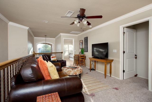 7705 New England Pkwy, Amarillo, TX 79119 - living room featuring ceiling fan, crown molding, and carpet