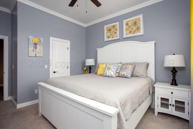 6106 Purple Sage Cir, Amarillo, TX 79124 - bedroom with carpet flooring, crown molding, baseboards, and ceiling fan