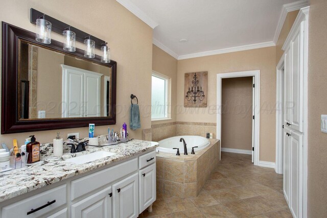 6106 Purple Sage Cir, Amarillo, TX 79124 - bathroom featuring a garden tub, crown molding, vanity, and tile patterned floors