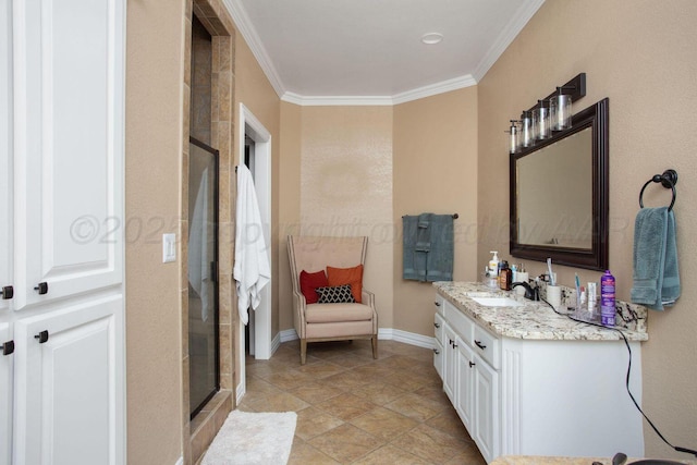 6106 Purple Sage Cir, Amarillo, TX 79124 - bathroom featuring a stall shower, ornamental molding, vanity, and baseboards