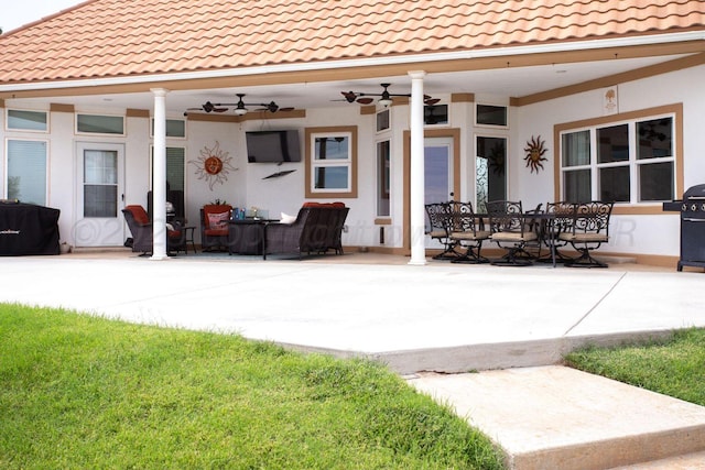 6106 Purple Sage Cir, Amarillo, TX 79124 - view of patio featuring ceiling fan, an outdoor hangout area, and a grill