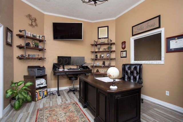 6106 Purple Sage Cir, Amarillo, TX 79124 - office area featuring light wood finished floors, baseboards, and crown molding