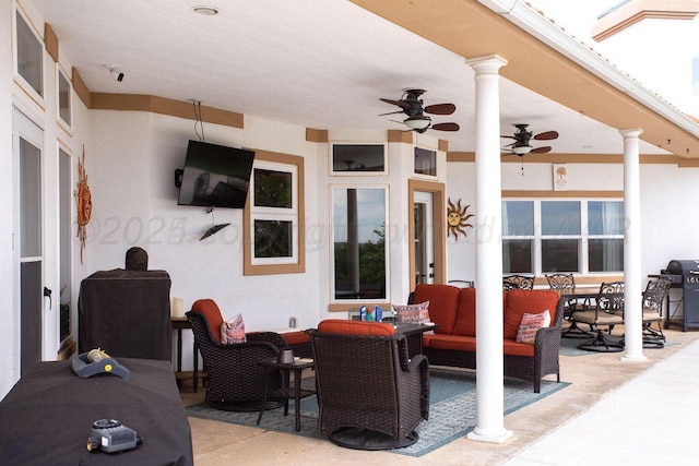 6106 Purple Sage Cir, Amarillo, TX 79124 - view of patio with outdoor dining area, a ceiling fan, an outdoor living space, and a grill