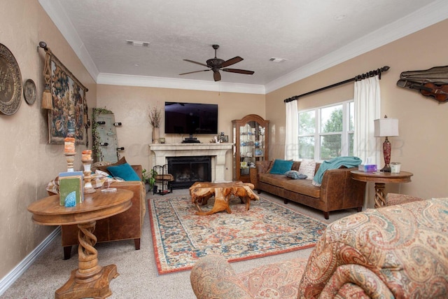 6106 Purple Sage Cir, Amarillo, TX 79124 - living room with ceiling fan, carpet floors, crown molding, a fireplace, and a textured ceiling