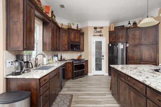 6106 Purple Sage Cir, Amarillo, TX 79124 - kitchen with appliances with stainless steel finishes, a sink, light stone counters, light wood finished floors, and ornamental molding