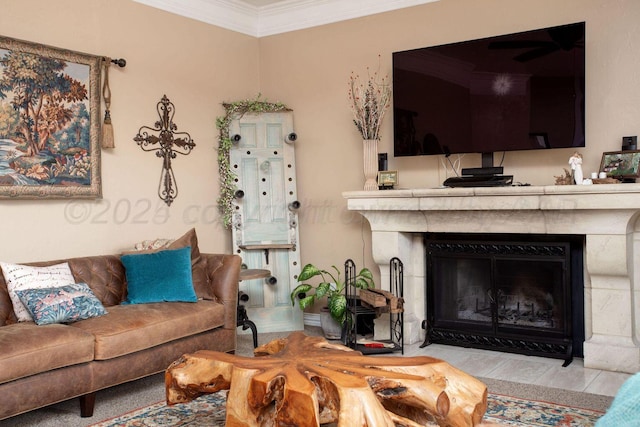 6106 Purple Sage Cir, Amarillo, TX 79124 - living room featuring crown molding and a fireplace with flush hearth