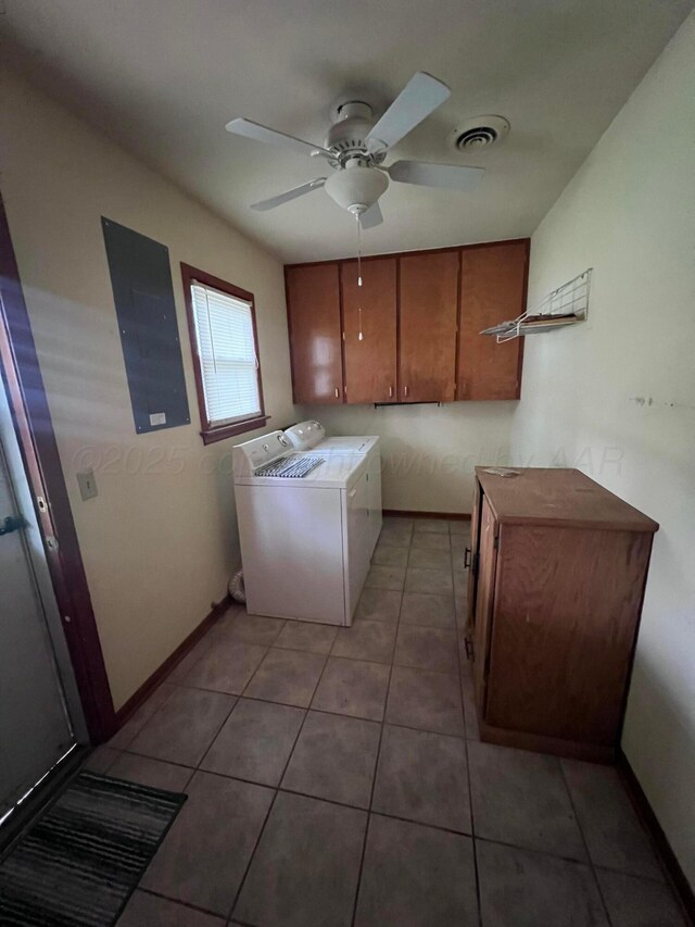 109 Ranger St, Hereford, TX 79045 - laundry room featuring cabinet space, washer and clothes dryer, ceiling fan, light tile patterned floors, and baseboards