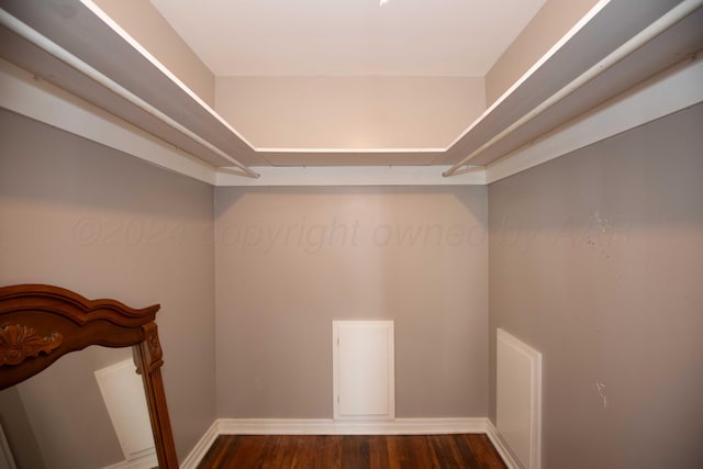 walk in closet with dark wood-type flooring