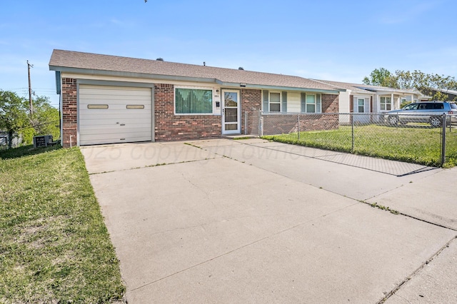ranch-style home featuring brick siding, a garage, fence, and driveway