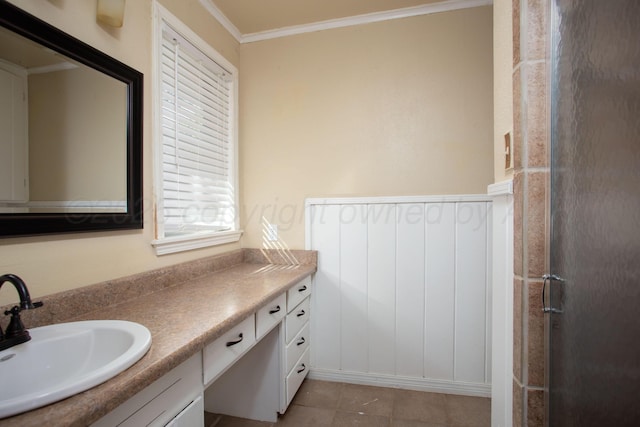 3203 S Austin St, Amarillo, TX 79109 - full bathroom featuring vanity, crown molding, tile patterned flooring, and an enclosed shower
