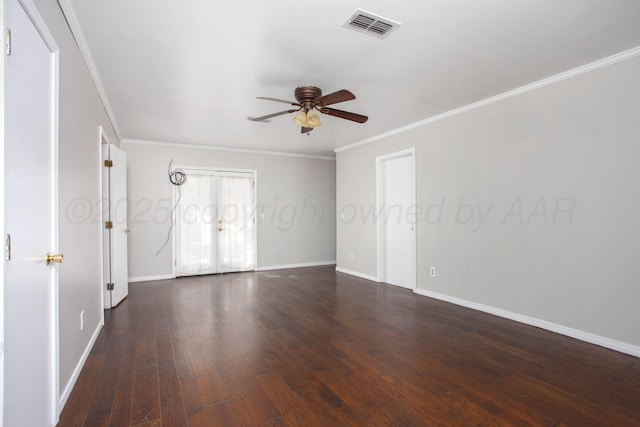 3203 S Austin St, Amarillo, TX 79109 - empty room featuring a ceiling fan, crown molding, and dark wood-style floors