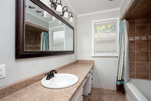 3203 S Austin St, Amarillo, TX 79109 - bathroom featuring healthy amount of natural light, vanity, ornamental molding, shower / bath combo, and tile patterned floors