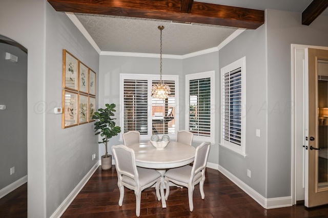 6817 Baccus Dr, Amarillo, TX 79124 - dining space with a chandelier, dark wood-style flooring, ornamental molding, baseboards, and a textured ceiling