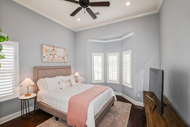 6817 Baccus Dr, Amarillo, TX 79124 - bedroom featuring baseboards, wood-type flooring, recessed lighting, ornamental molding, and a ceiling fan