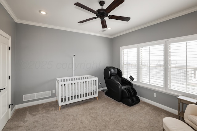 6817 Baccus Dr, Amarillo, TX 79124 - carpeted bedroom featuring baseboards, a crib, crown molding, recessed lighting, and ceiling fan