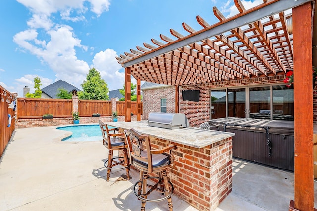 6817 Baccus Dr, Amarillo, TX 79124 - fenced backyard with a hot tub, a patio area, a grill, and a pergola